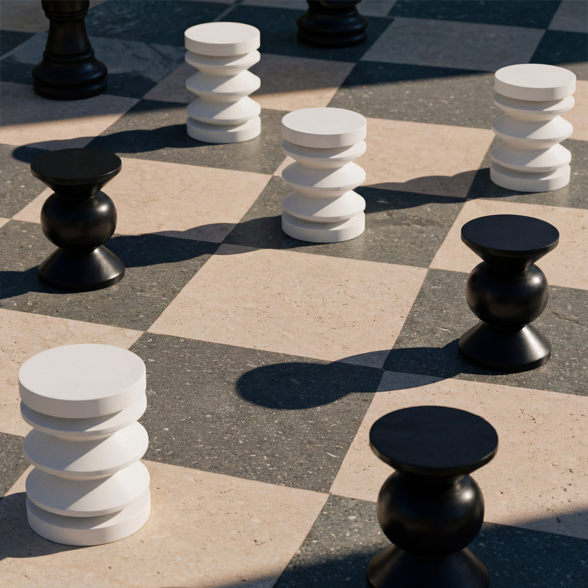 Abstract chess pieces in black and white positioned on a checkered board.